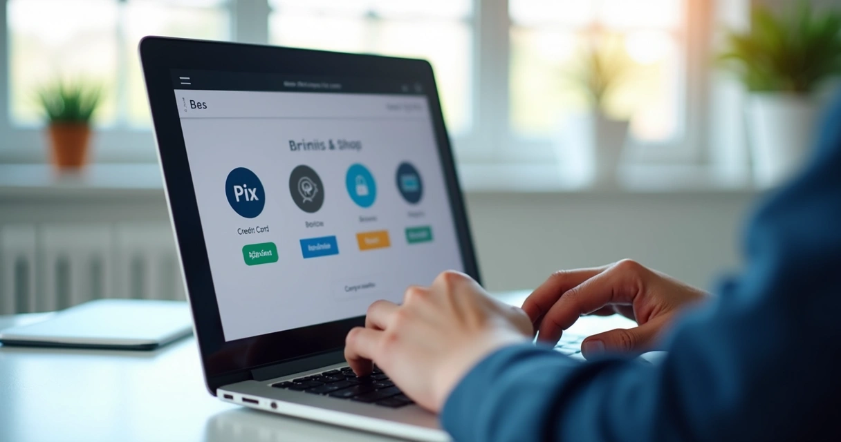 Simulação de checkout digital mostrando múltiplas opções de pagamento, incluindo Pix, cartão, boleto e carteira digital na tela de um notebook. 