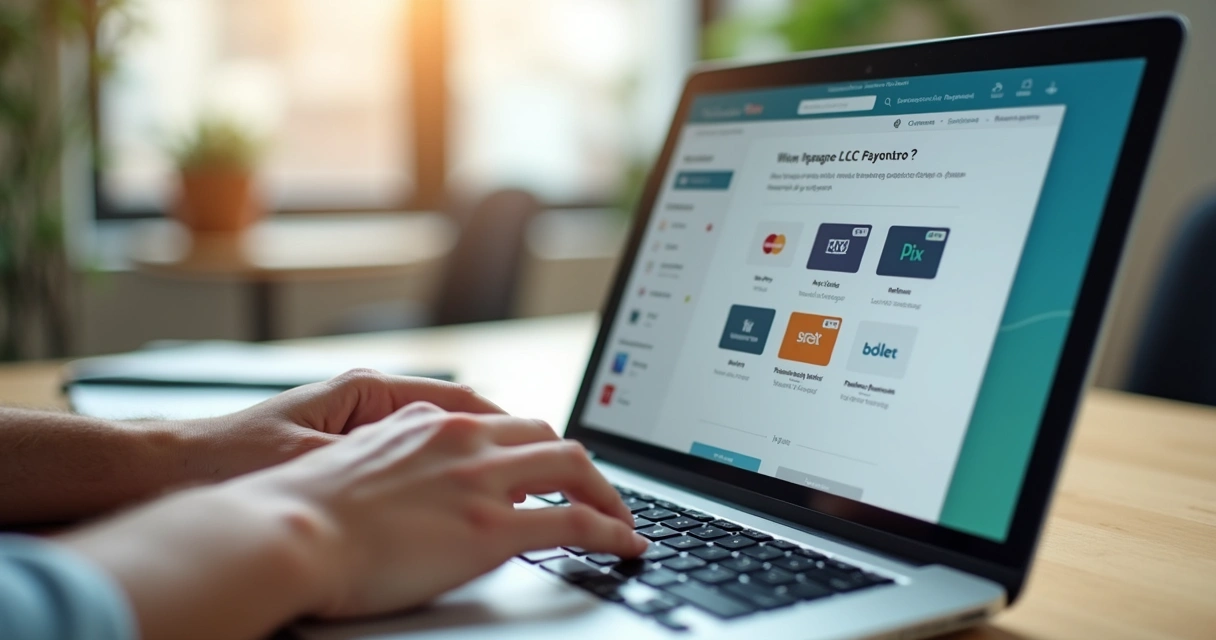 Pessoa usando notebook realizando pagamento online com métodos diferentes na tela 