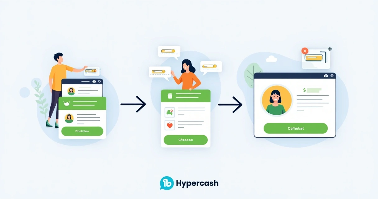 Processo de checkout digital simples com setas mostrando o fluxo, incluindo pagamento e confirmação. 