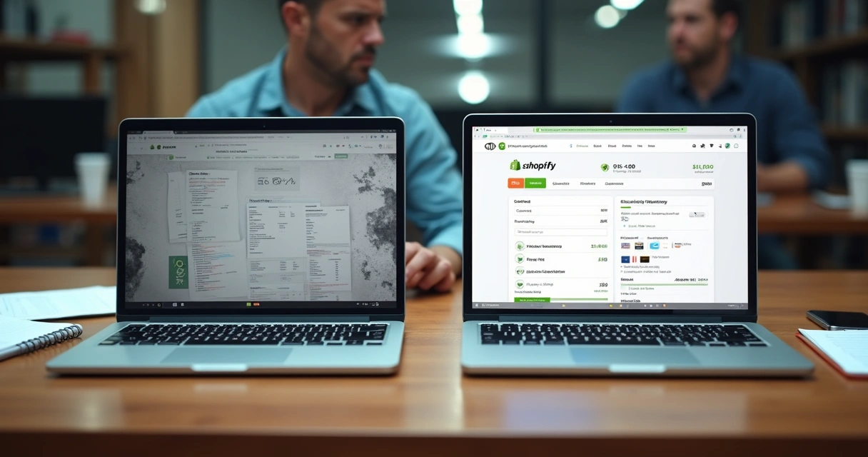 Tela dividida comparando checkout inteligente e tradicional em loja Shopify 