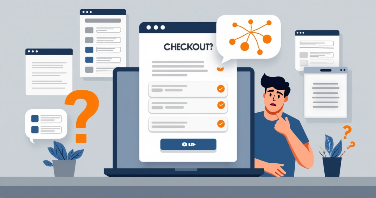 Página de checkout confusa e lenta em loja online, com muitos campos e barra de carregamento. 