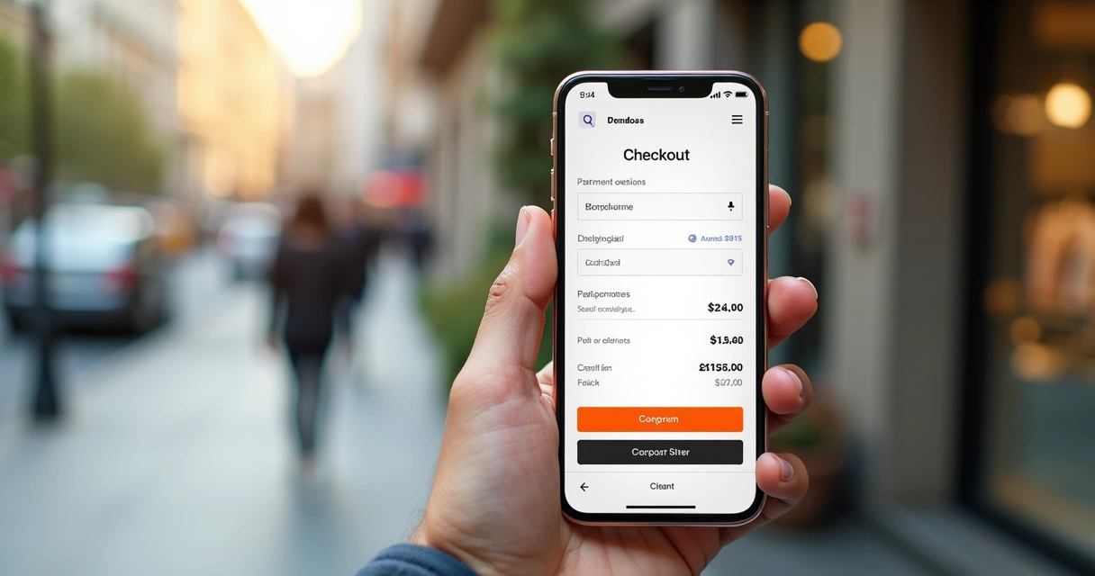 Tela de checkout de loja virtual em celular com opções de pagamento