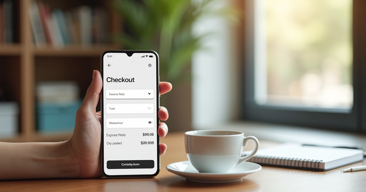 Tela de checkout mobile com poucos campos visíveis e botões grandes