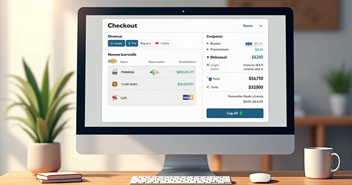 Interface de checkout moderno com múltiplos métodos de pagamento 