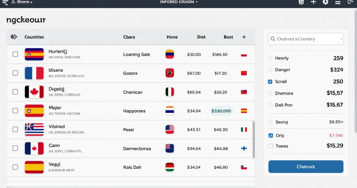 Tela de checkout de e-commerce com diversas bandeiras e moedas na interface. 