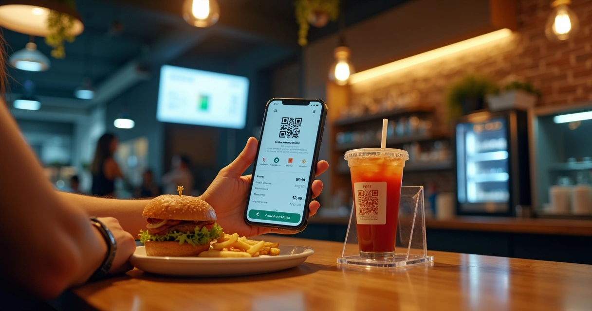 Client finalizing online checkout in modern snack bar using QR code and smartphone 