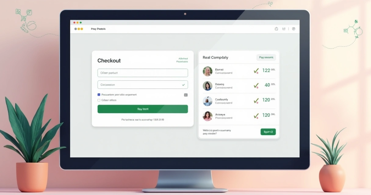 Tela de checkout personalizado para e-commerce com campos simples, botão de pagamento em destaque e acompanhamentos visuais de etapas 