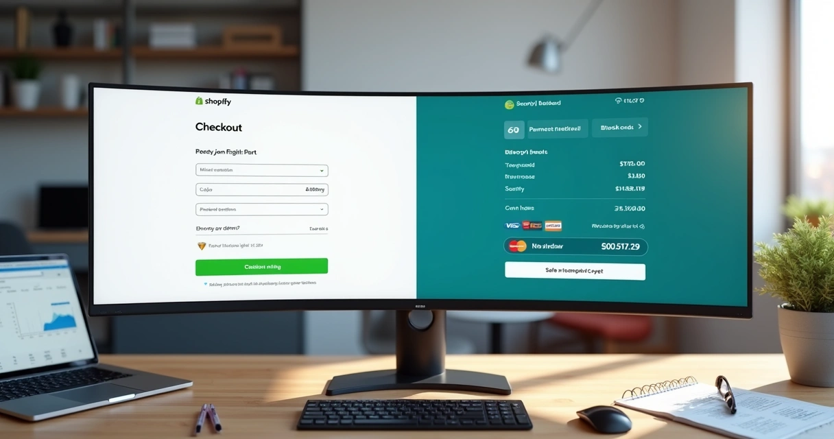Tela dividida comparando checkout padrão da Shopify com checkout personalizado em loja virtual 