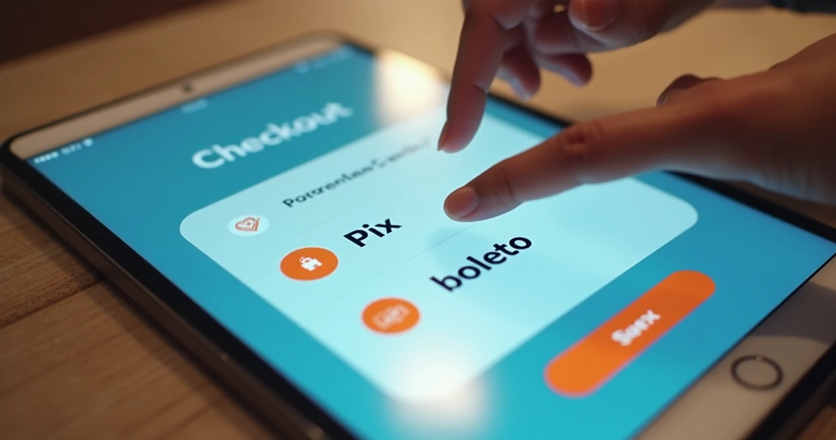 Tela de checkout digital com opções de Pix, cartão e boleto 