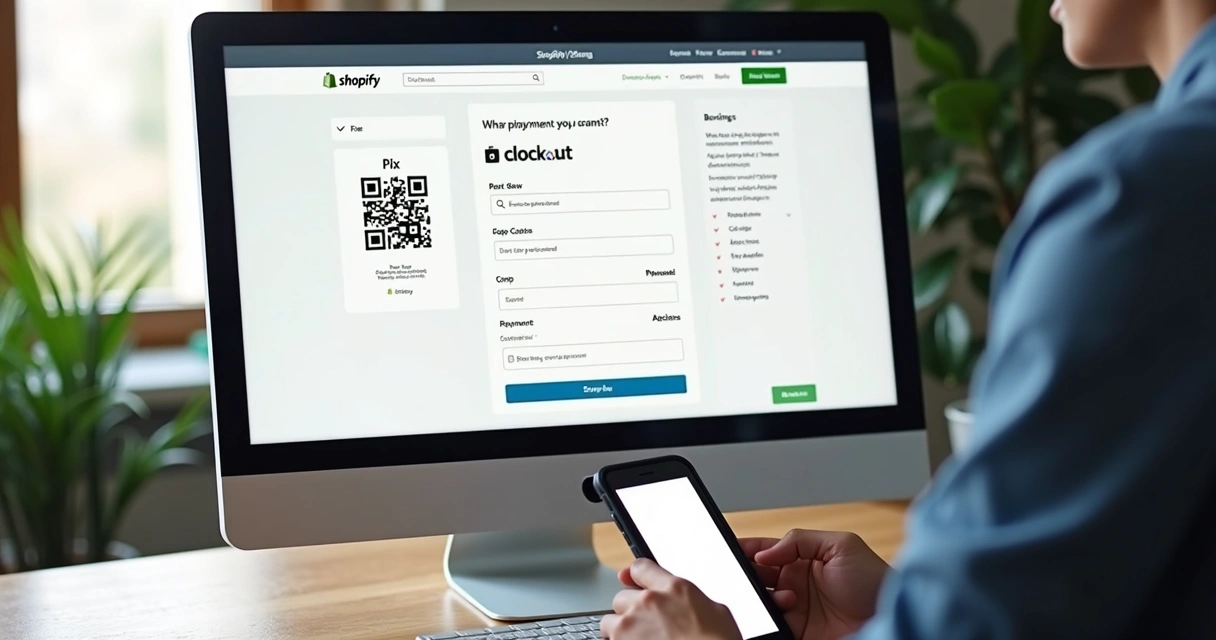 Checkout da loja virtual exibindo opção Pix e QR Code para pagamento 