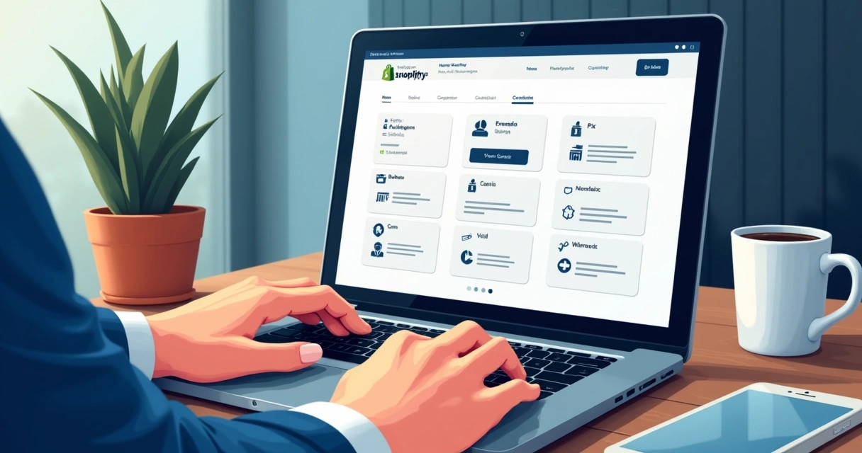 Pessoa usando laptop, escolhe forma de pagamento na tela da loja Shopify 