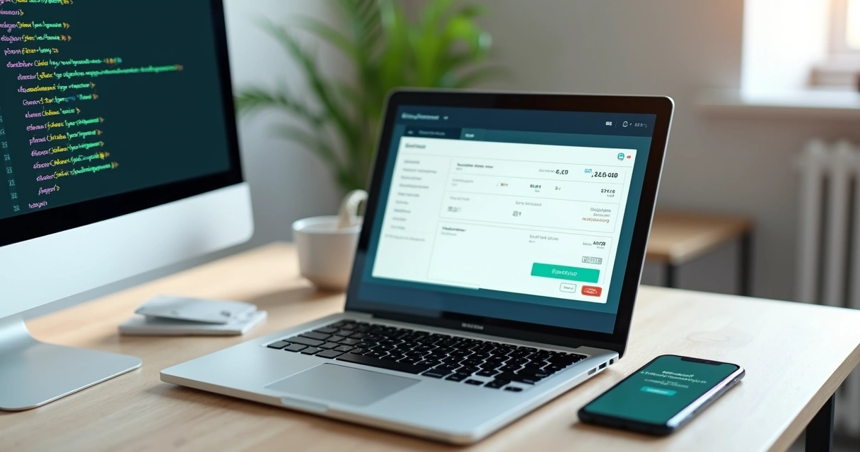Tela de notebook exibindo checkout transparente em loja virtual com código de programação ao fundo 