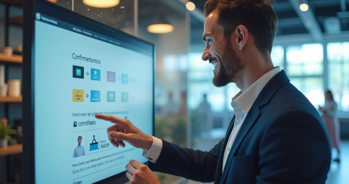 Usuário satisfeito no checkout de SaaS usando múltiplos métodos de pagamento com interface clara. 