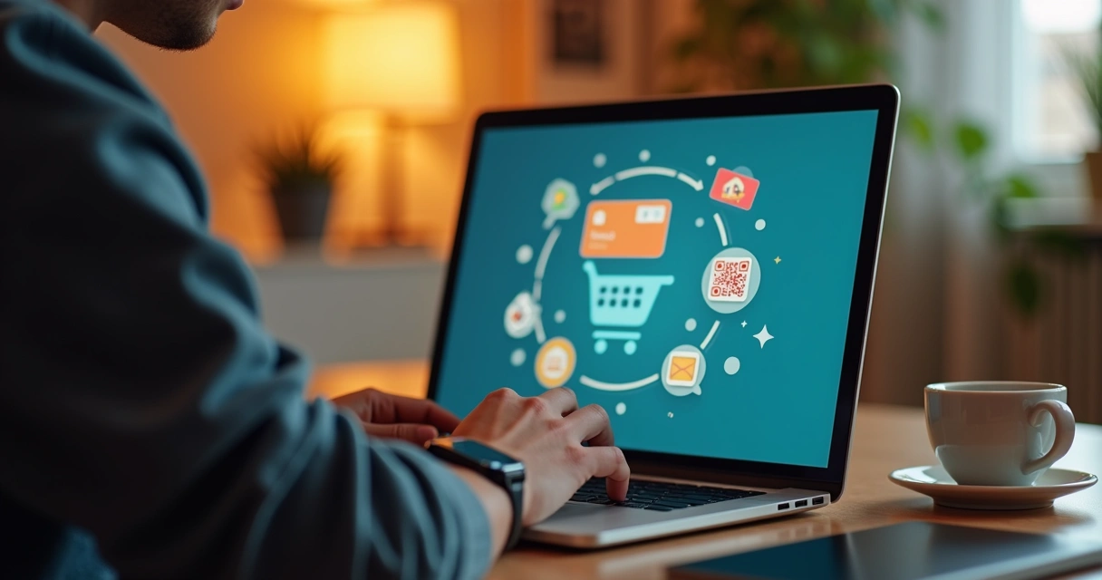 Pessoa usando computador e diferentes ícones de métodos de pagamento na tela 