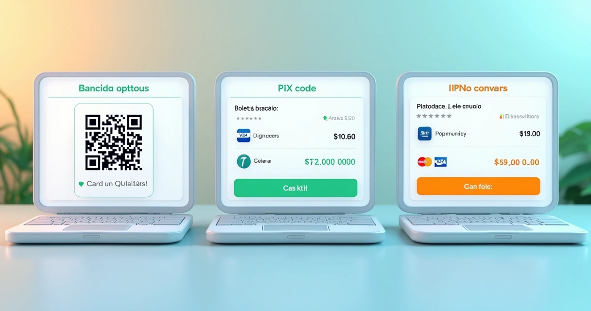 Checkouts mostrando Pix, boleto, cartões e carteiras digitais disponíveis 