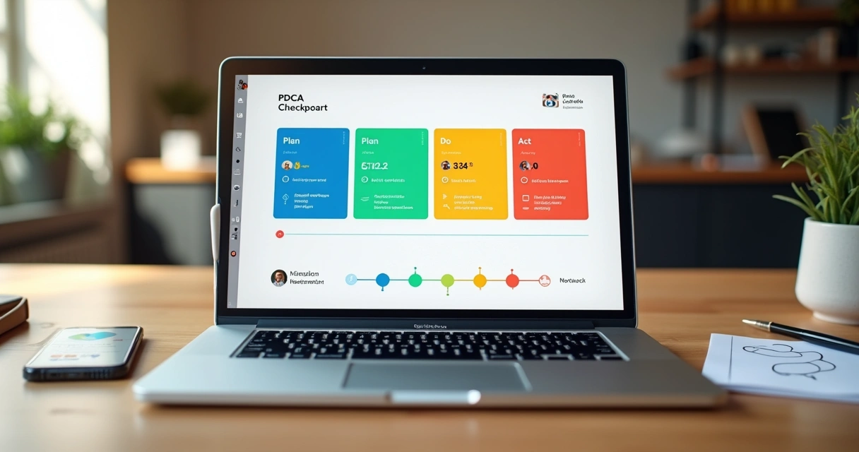 Tela de laptop com dashboard de PDCA em cartões coloridos alinhados a uma linha de tempo semanal 