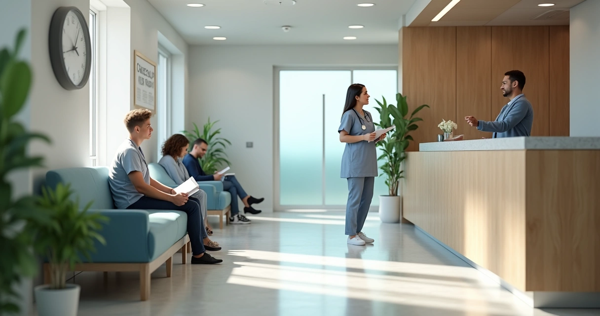 Recepcionista conduzindo paciente para sala de check-up anual em clínica moderna 