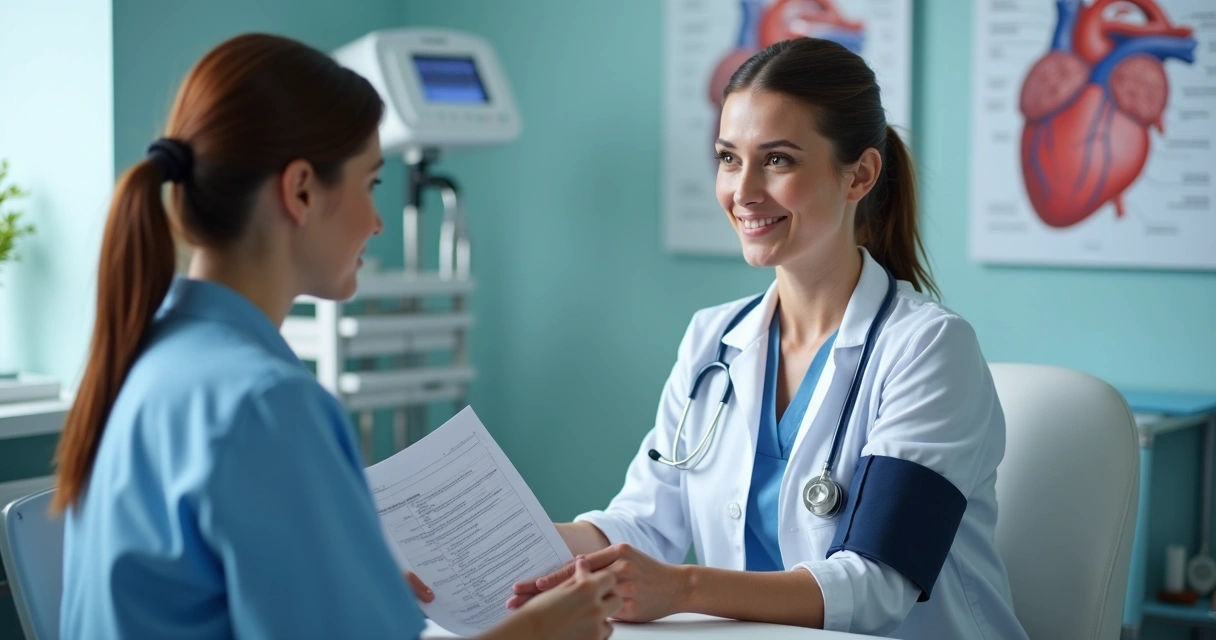 Mulher de 40 anos realizando check-up cardiológico com médico