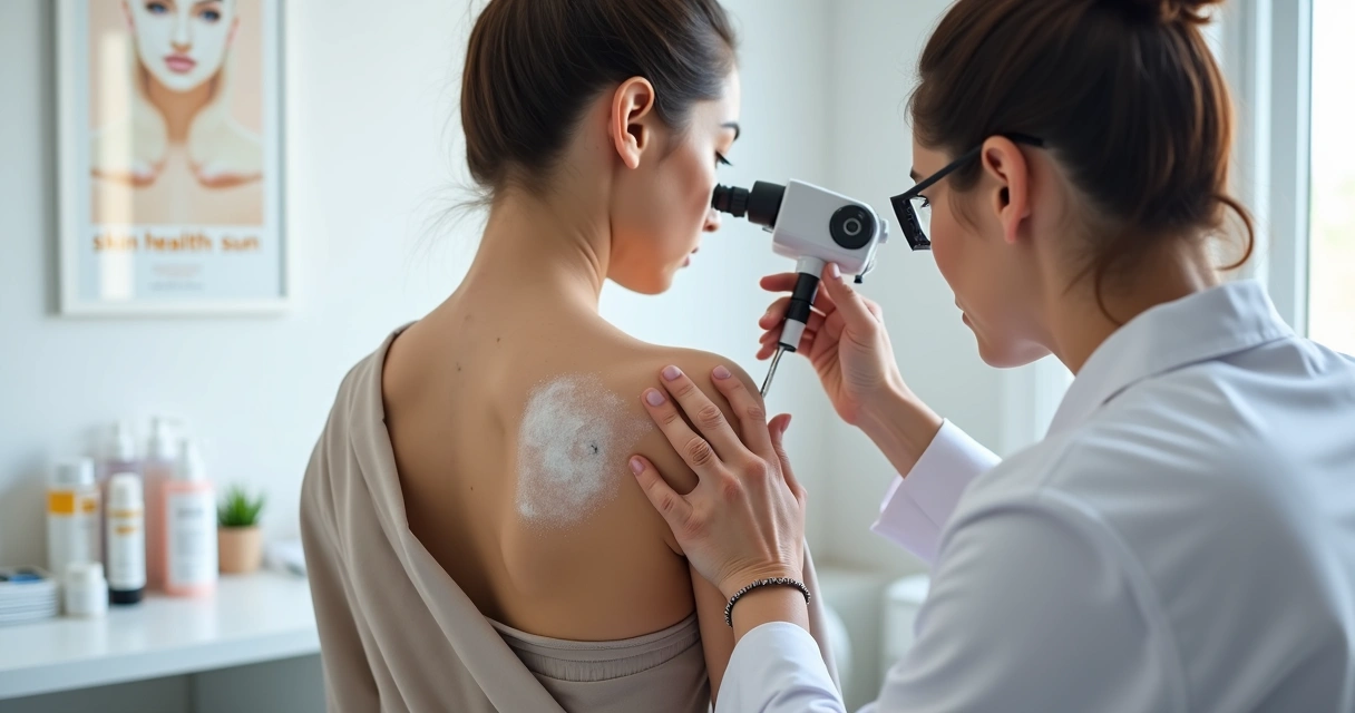 Paciente com vitiligo de costas passando por exame de pele completo em consultório dermatológico 