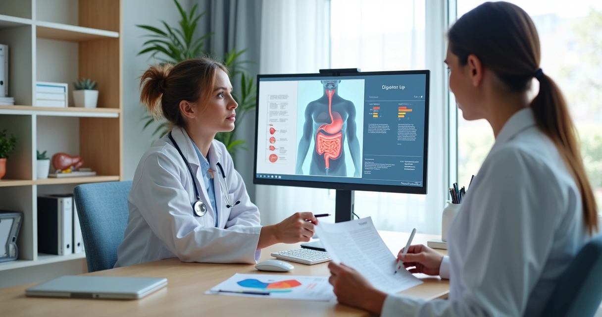 Médica gastroenterologista mostra exame digestivo em monitor para paciente em consultório moderno 