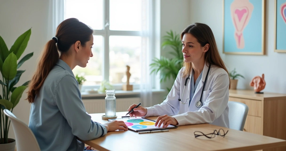 Mulher de meia-idade conversa com médica analisando resultados de check-up em clínica moderna 