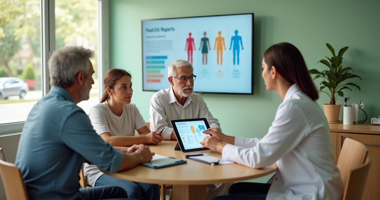 Família acompanhando idoso em consulta geriátrica em clínica moderna 