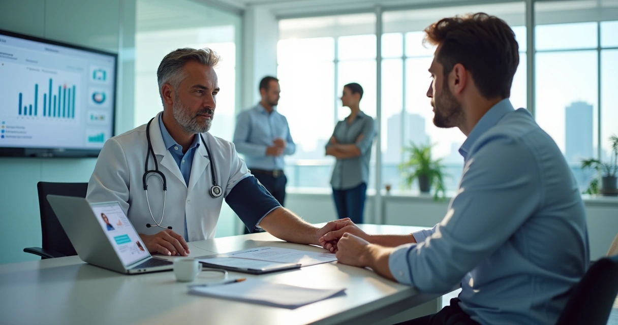 Médico realizando check-up em colaborador em ambiente corporativo moderno 