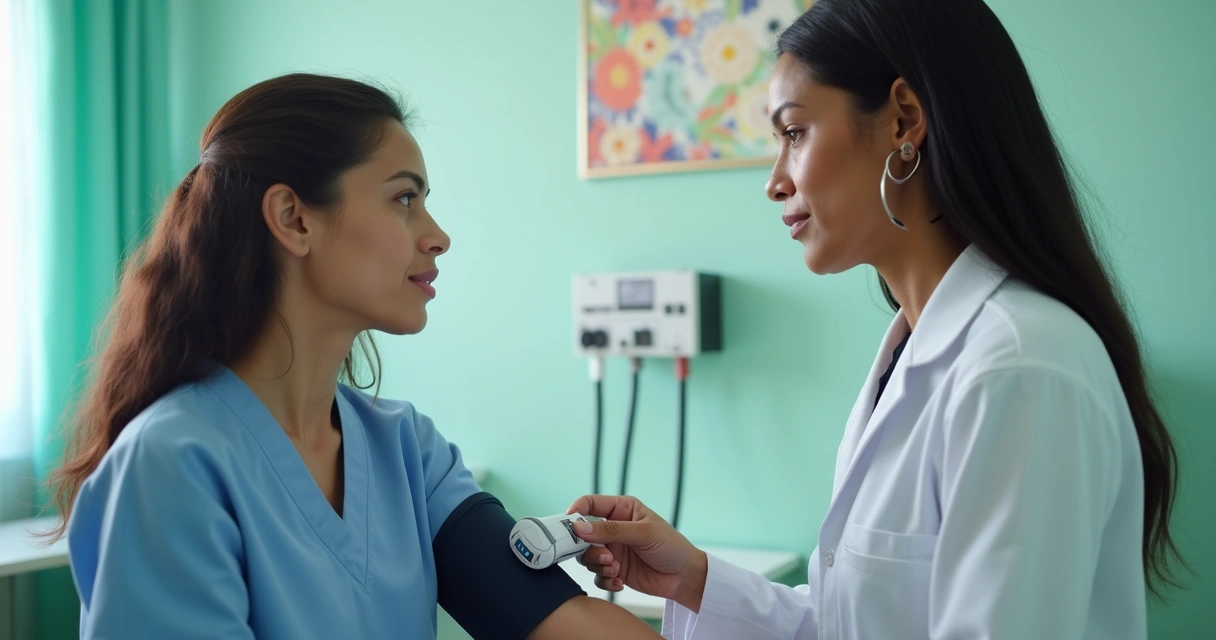 Profissional de saúde faz check-up de pressão arterial 