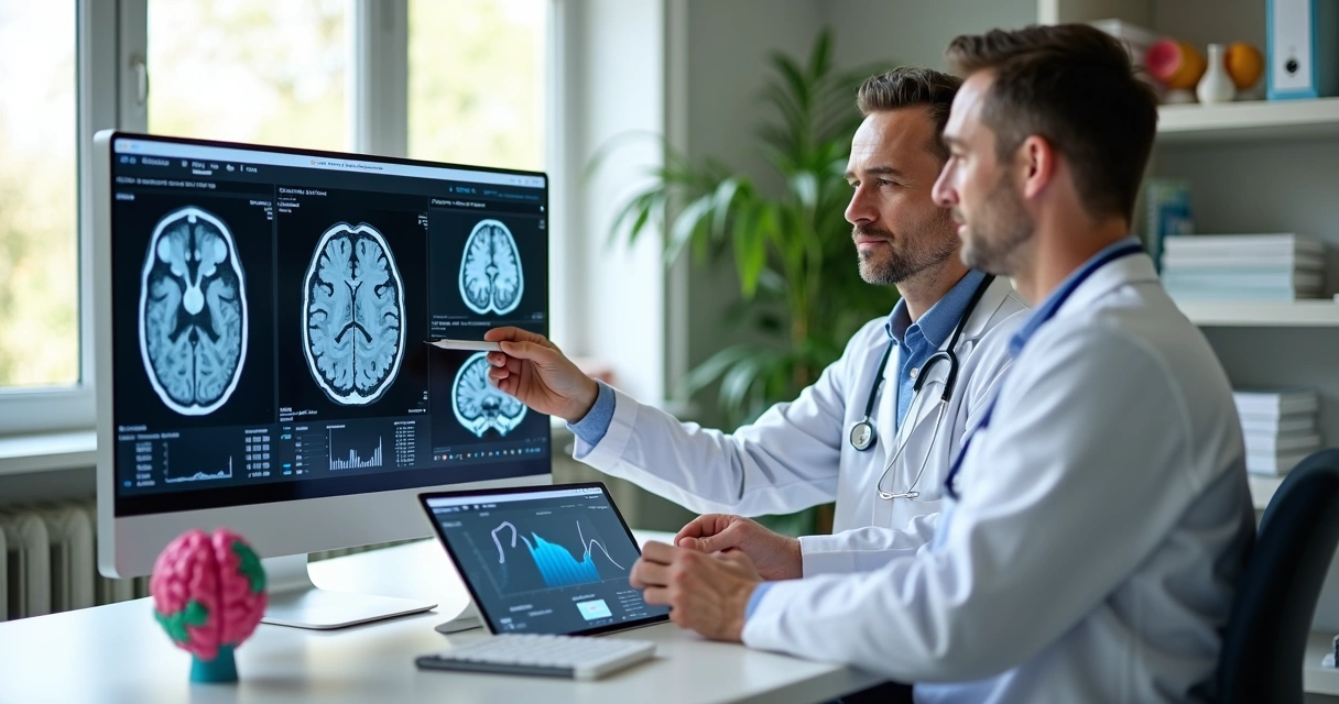 Homem adulto em consulta neurológica analisando exame com médica em consultório moderno 