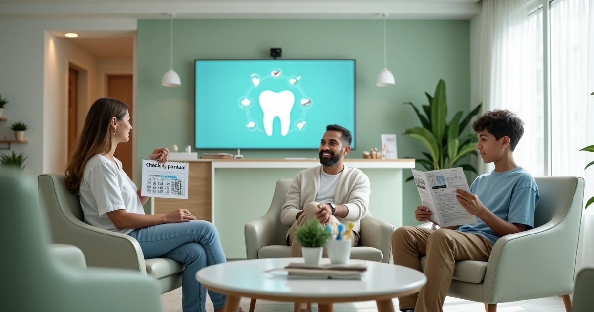 Família na sala de espera de clínica odontológica moderna aguardando check-up anual 