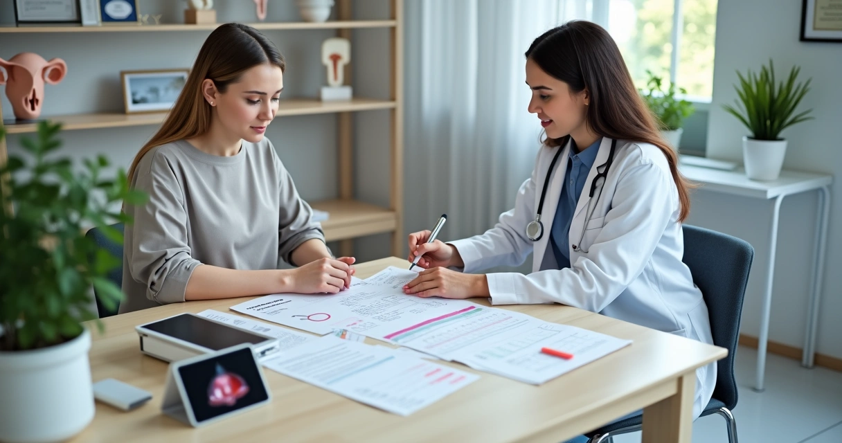 Mulher revisando exames pré-operatórios ginecológicos ao lado de ginecologista em mesa com documentos médicos 