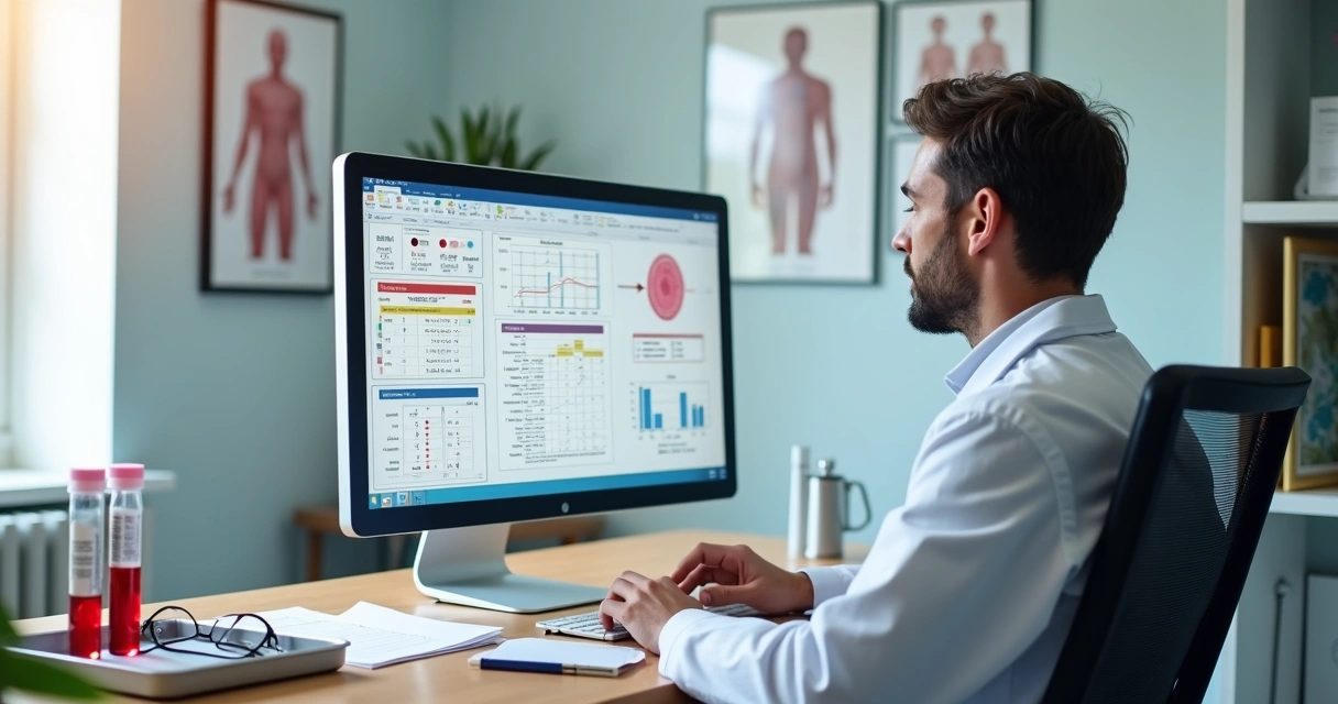 Médico hematologista analisando exames de sangue detalhados em tela digital 