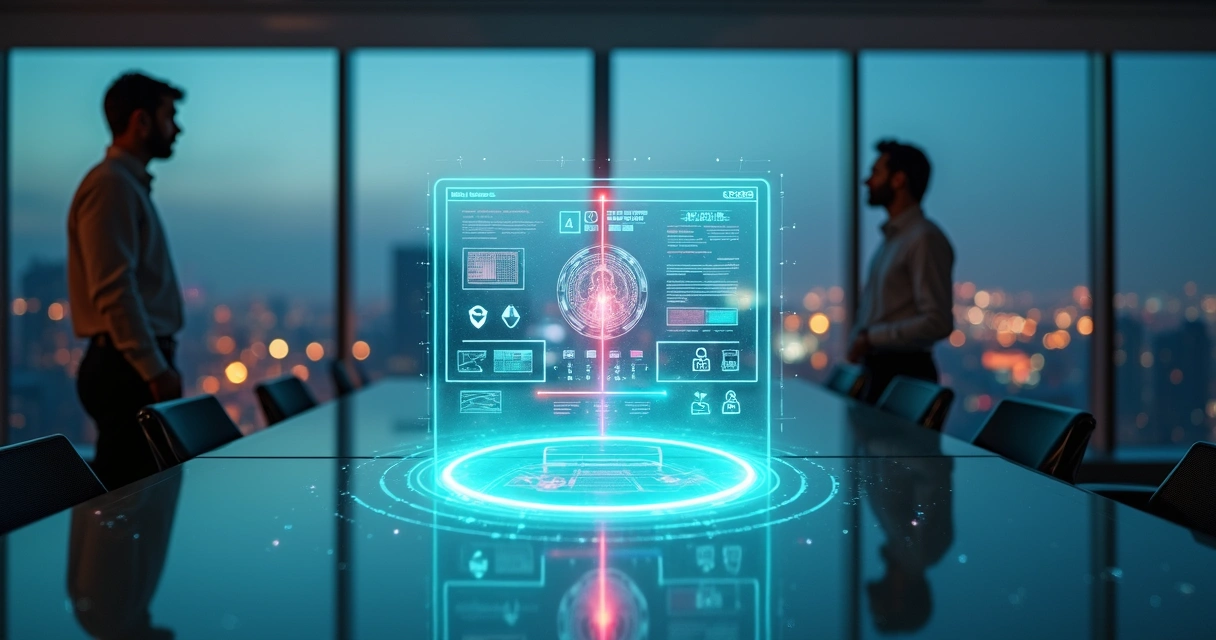 Equipe empresarial observa holograma de site sendo escaneado em check-up de segurança 