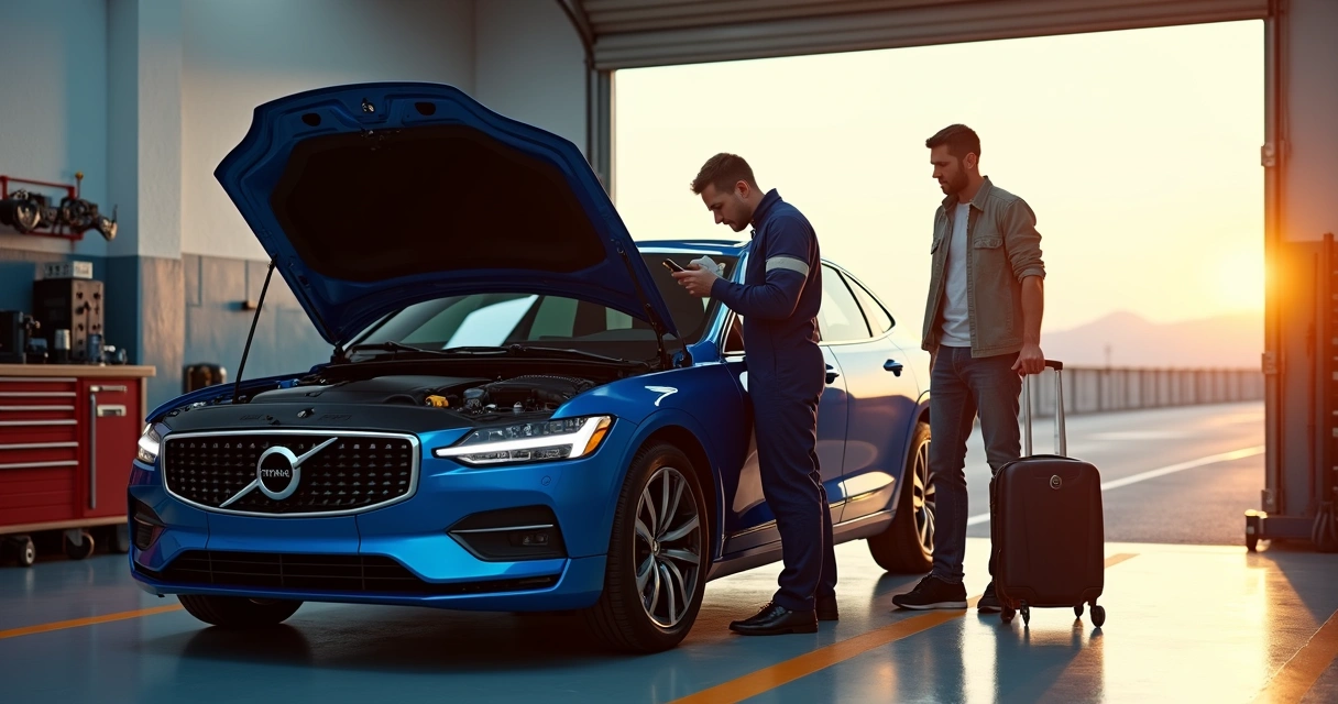 Mecânico verificando motor de carro antes de viagem em estrada 