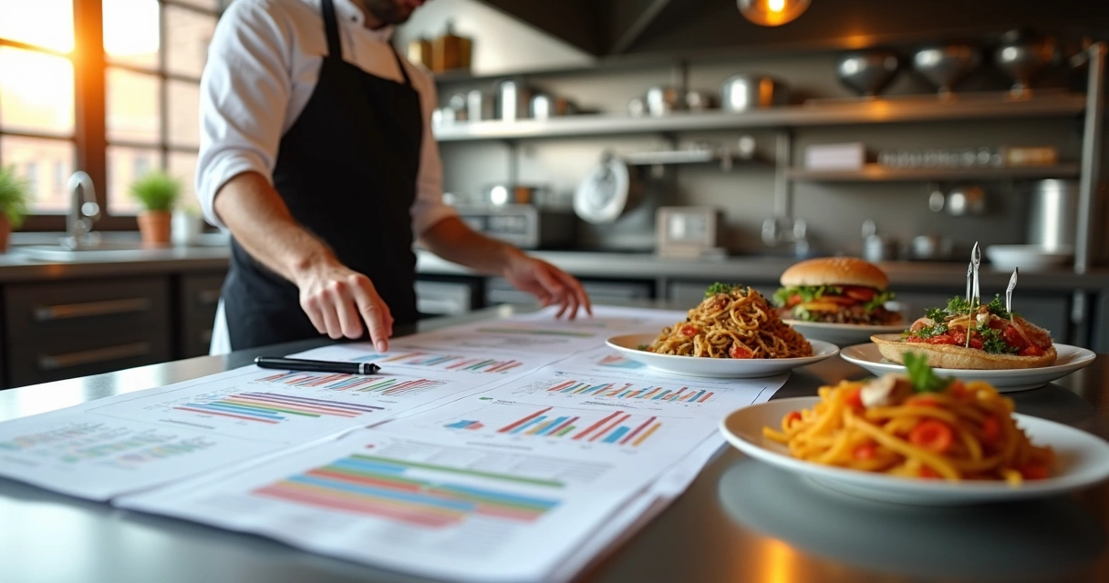 Chef comparando relatório de vendas com bandejas de novos pratos ao lado 