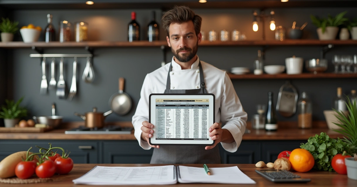 Chef analisando planilha de custos e markup no tablet em cozinha profissional 