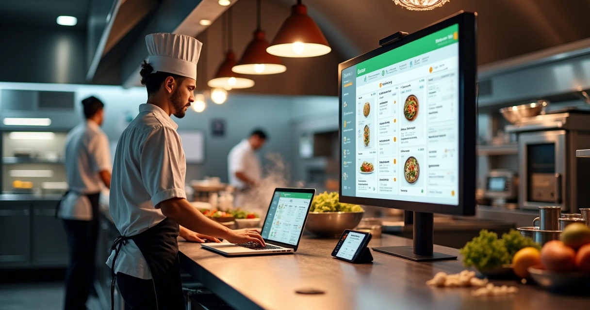 Chef organizando cardápio digital em tela grande na cozinha profissional 