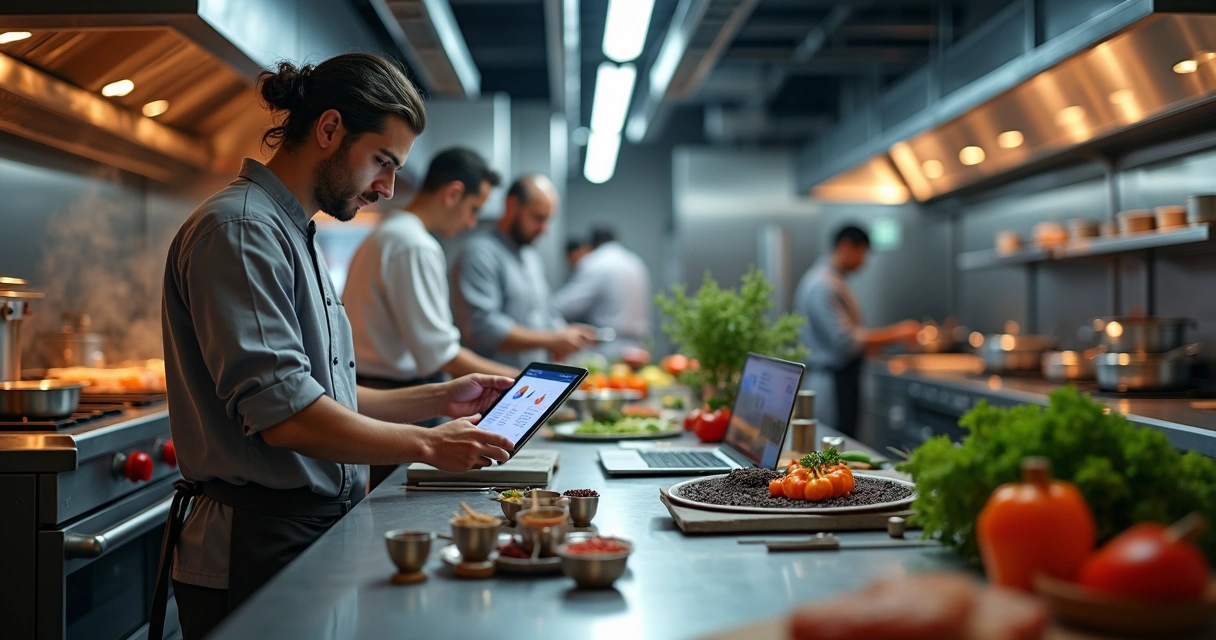 Chef em cozinha profissional analisando dados em tablet ao lado de bancada com ingredientes medidos 