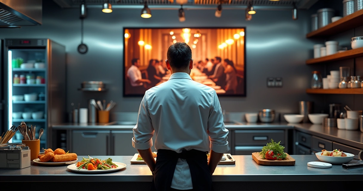 Chef em cozinha profissional olhando para tela de cinema com cena de restaurante 