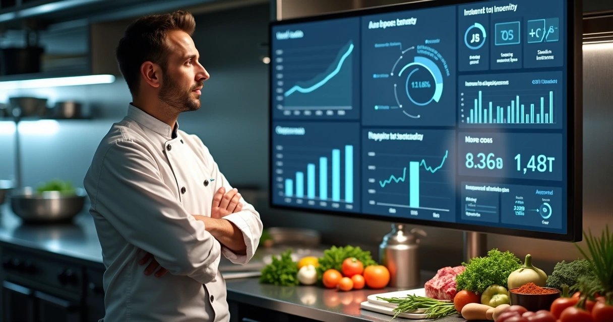 Chef analisa dados de receitas e estoque em tela digital na cozinha 