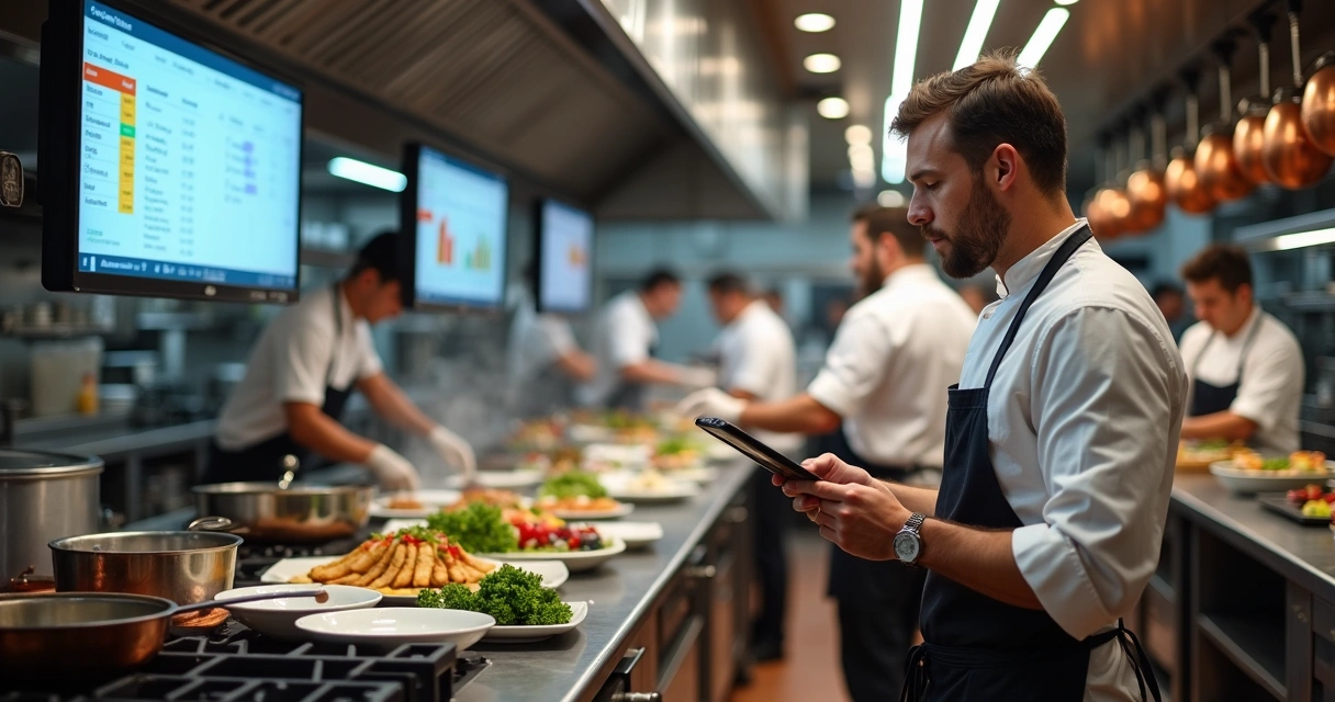 Chef liderando equipe em cozinha profissional moderna com tecnologia de gestão 