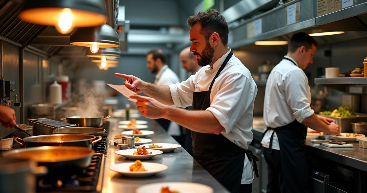 Chef liderando equipe em cozinha profissional movimentada sob pressão 