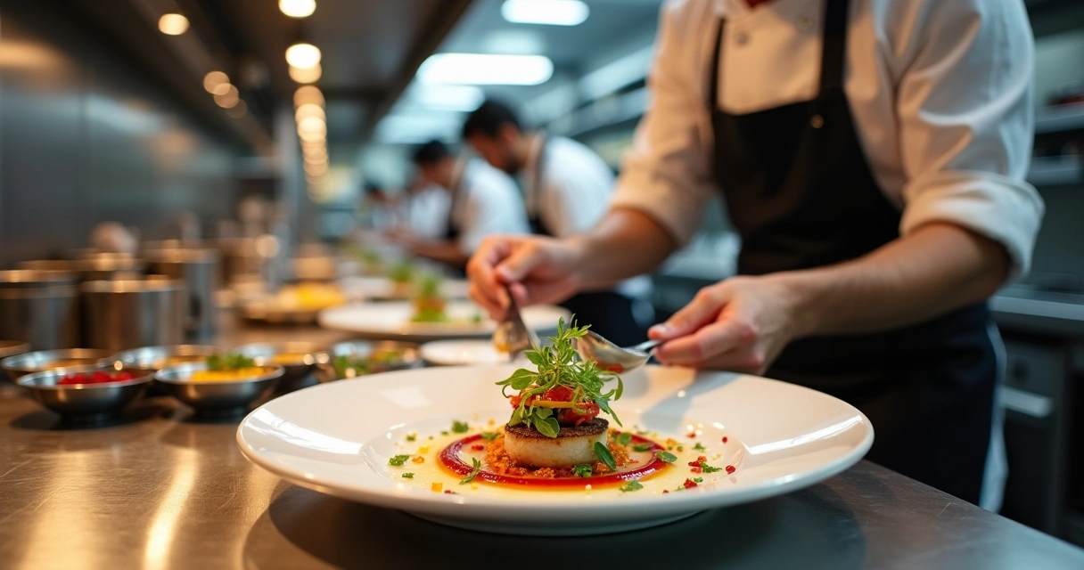 Chef montando prato criativo em cozinha profissional moderna 
