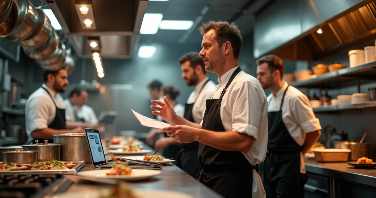 Chef orientando brigada de cozinha profissional em serviço intenso 