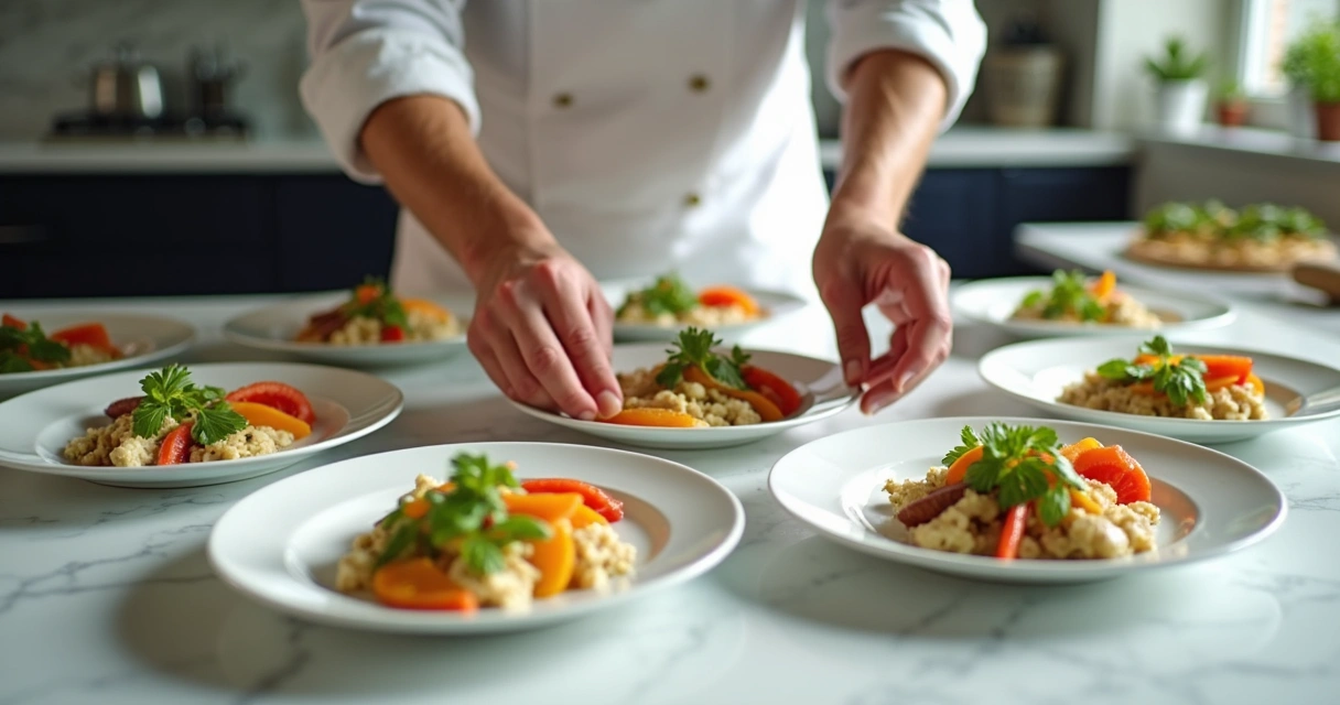 Chef alinhando ingredientes em vários pratos coloridos em bancada de restaurante. 