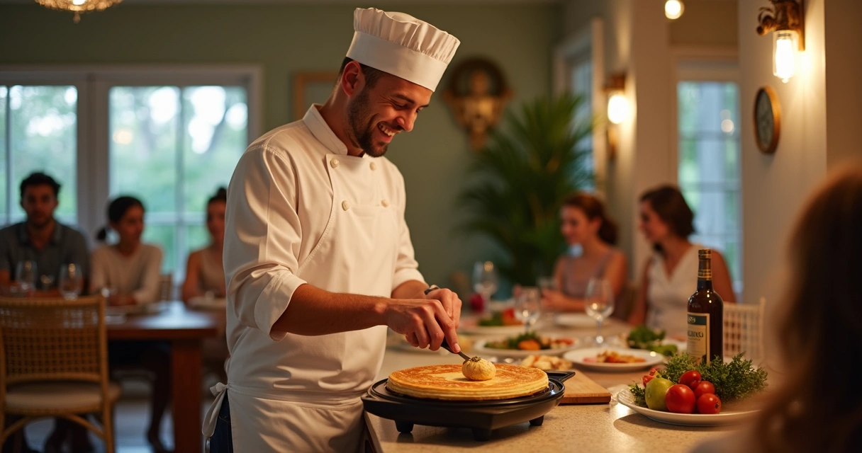 Chef preparando crepe ao vivo em evento caseiro 