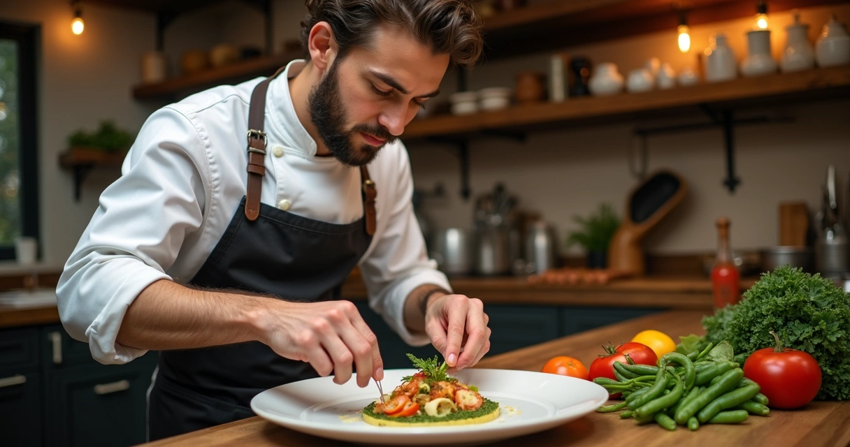 Chef preparando prato sofisticado em cozinha iluminada por luz quente 