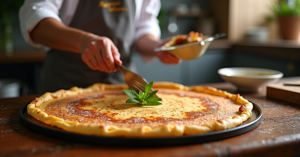 Chef preparando crepe com técnica e precisão 
