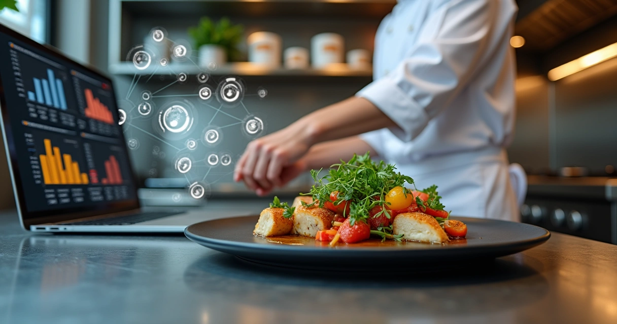 Chef montando prato criativo diante de tela com dados e gráficos de cardápio 