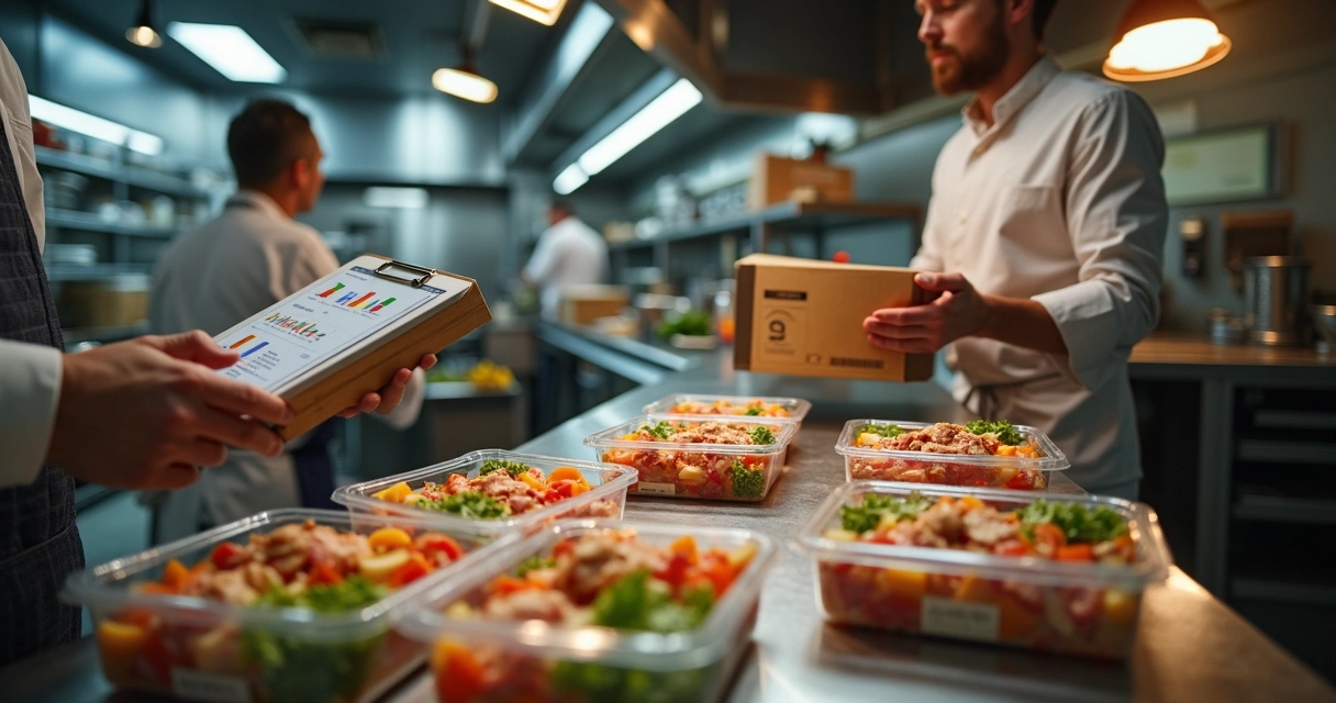 Chef avaliando bandejas de ingredientes padronizados recebidos de fornecedor externo 